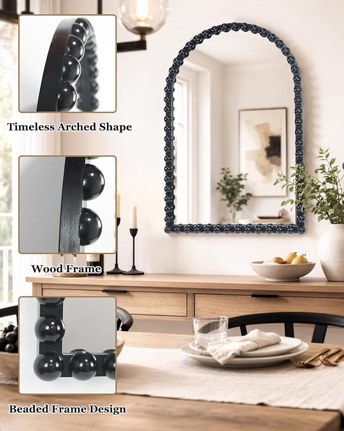 Black Beaded Arched Wall Mirror 22x30 Inch, Vintage Decorative Arch Mirror with Beaded Frame, Accent Mirror for Entryway, Bathroom, Living Room, Bedroom, Fireplace