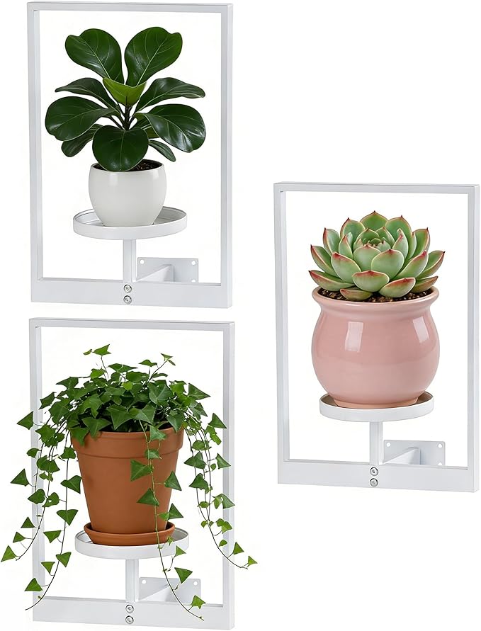 Wall Planters for Indoor & Outdoor Plants, 3-Pack White Metal Hanging Plant Stands, Plant Hanger Window Plant Shelves for Living Room Entryway Patio - Wall Plant Holder Decor