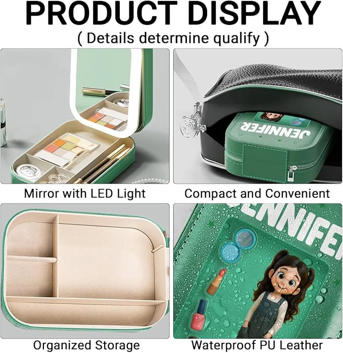 Wrappiness Women & Girls Floral Makeup Box With LED Mirror - Custom Photo Jewelry Box with LED Mirror, PU Leather Organizer Gift for Girls, Daughters, Granddaughters, Keepsake from Mom or Grandma