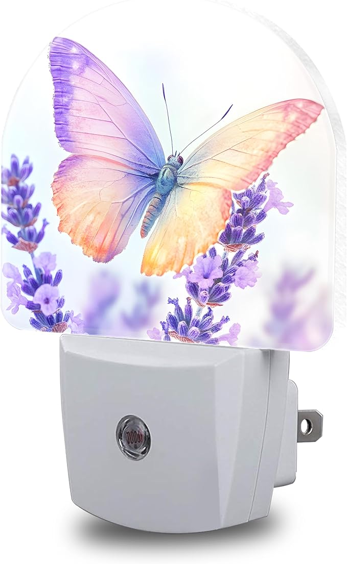Night Lights Plug into Wall Butterfly on Lavender Flower Night Light Dusk to Dawn Smart Sensor Decorative Round Led Lamp for Bedroom Kitchen Hallway Nightlight for Women Men