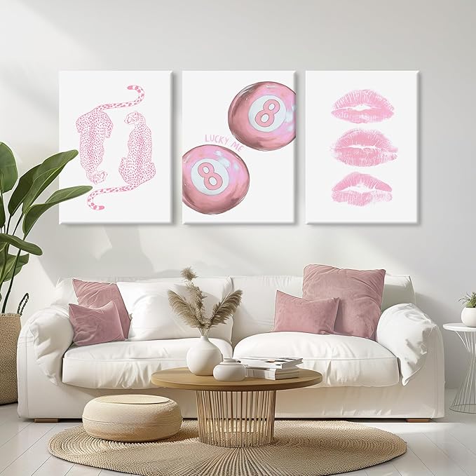 Pink Cheetah Wall Art Decor Trendy Leopard Prints Preppy Aesthetic Canvas Room Decor Y2k Leopard Wall Art 8 Ball Poster Coquette Funky Fashion Artwork for Girls Bedroom 12x16x3 Inch Wrapped Canvas
