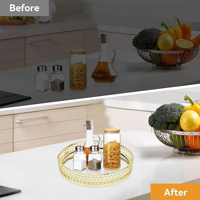 Tray Mirror, Gold Mirror Tray Decorative, Round Dresser Ornate Tray Jewelry Perfume Organizer Makeup Tray Cosmetics Storage Organizer Tray Gold Room Decor for Vanity, Dresser, Bathroom, Bedroom(01)