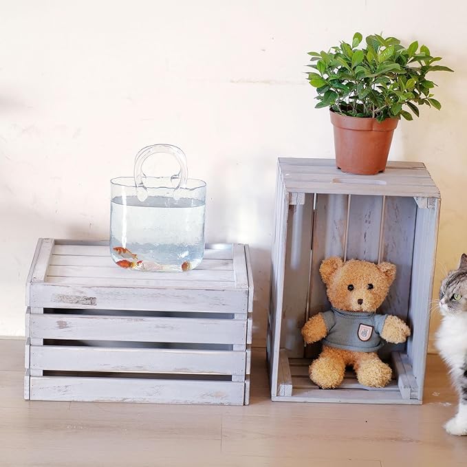 Gray Wooden Crates are Mainly Suitable for Storage, Tool Crate, Wine Crate, Camping, and Other Multi-Purpose. Rustic Style, They are Sturdy and Durable, set of 2 Length of 17.7 inches.