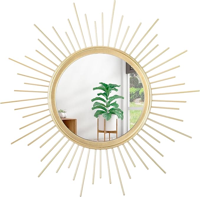 Gold Sunburst Mirrors for Wall Decorative Metal Round Art Mirrors Large Wall Decor Hanging Mirror for Bathroom Bedroom Living Room Vanity Entryway 16"
