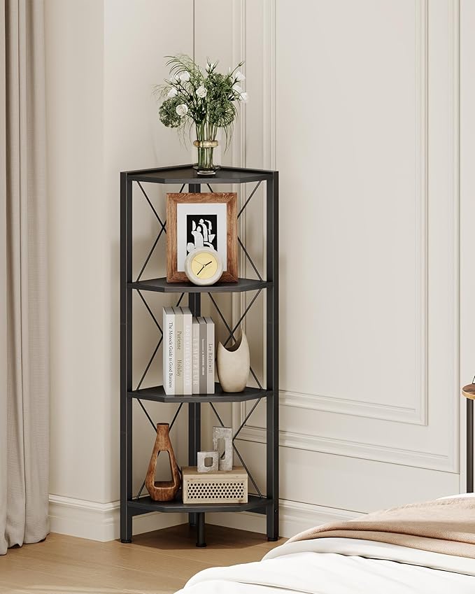 CHOEZON 4-Tier Corner Shelf, Corner Bookcase, 43.3" Tall Vertical Display Rack, Plant Stand, Open Storage Shelf, for Living Room, Bedroom, Study, Kitchen, Black TCJ14BB