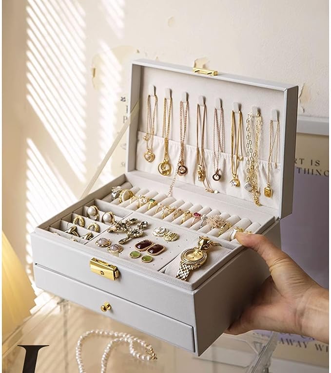 GUOER Jewelry Box for Women Girl Wife - Large PU Leather Jewelry Organizer Storage Case with Two Layers Display for Earrings Bracelets Rings Watches (White)
