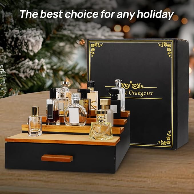 Cologne Organizer for Men，4 Tier Wood Perfume Display Stand with Velvet Lining Drawer and Hidden Compartment ，Perfume Organizer for Men，Great Gift for Man (Black Walnut)