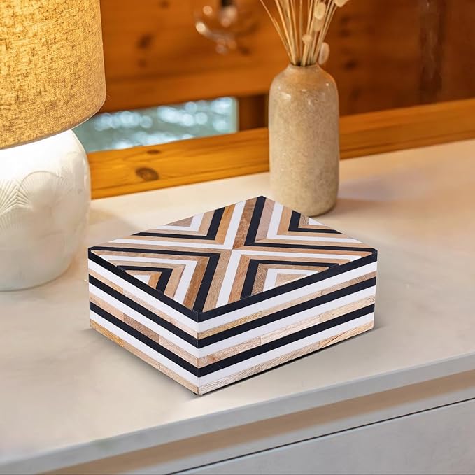Handicrafts Home Large Decorative Storage Box with Lid – Black White Wood Coffee Table Storage Box Organizer, Storage Boxes for Home Decor, Resin Inlay Wooden Keepsake Memory Box – Chevron 12x8x5