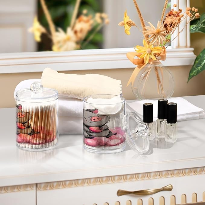2 Pack Apothecary Jars,Charming Pig Art Bathroom Vanity Storage Organizer Set,Small Clear Plastic Storage Jars Bathroom Canister for Cotton Swabs,Rounds,Balls,Qtips,Makeup Sponges