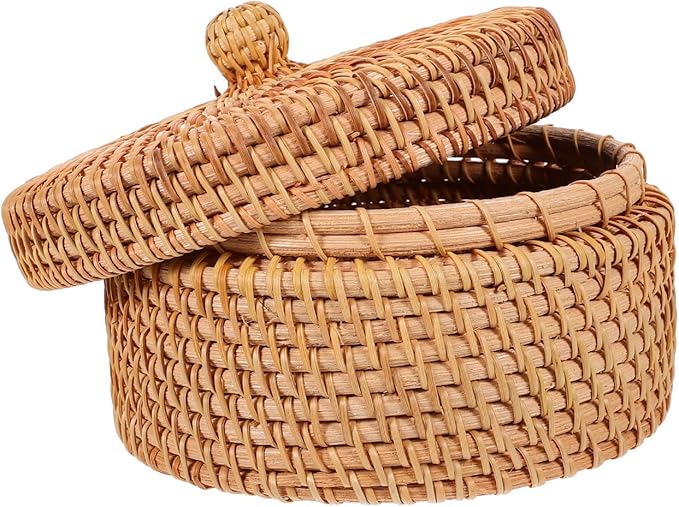 ULTNICE Round Rattan Storage Box with Lid - Hand Woven Rattan Basket for Desktop or Decorative Use