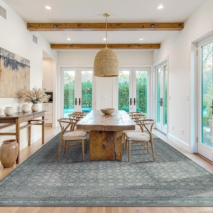 9x12 Washable Area Rug for Living Room, Extra Large Vintage Boho Rugs for Dining Room, Kids Room, Farmhouse, Durable Low Pile Non Slip Carpet for High Traffic Areas, Soft Blue