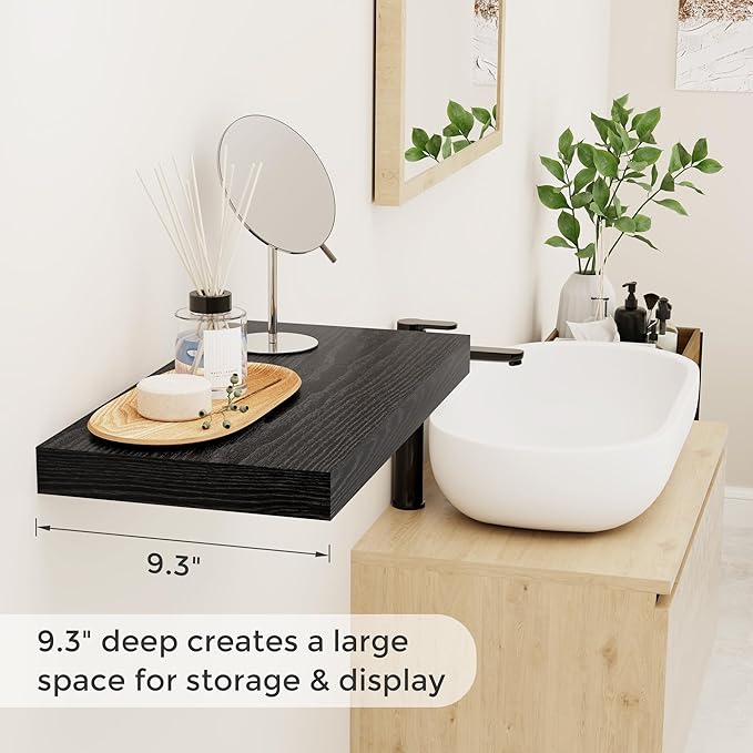 Fun Memories 16 Inch Long Floating Shelves in Black, 9.3 Inch Deep Floating Shelf for Wall, Living Room, Kitchen, Rustic Deep Wood Shelves for Bathroom, 2 Pack Storage Display Shelf for Books, Decor