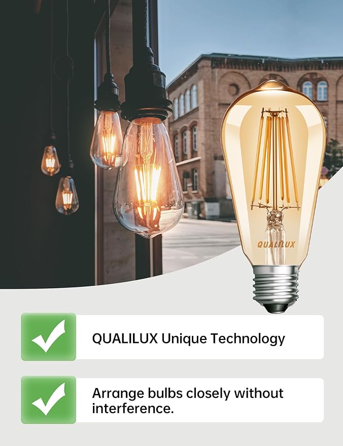 Qualilux Dusk to Dawn Edison Light Bulbs ST19, Vintage Amber Glass, 2300K Amber Warm, 6.5W=60W, Non-Dimmable Auto On/Off Light Sensing LED Filament Bulb Outdoor, 700LM, E26, 2-Pack, HQ-H027