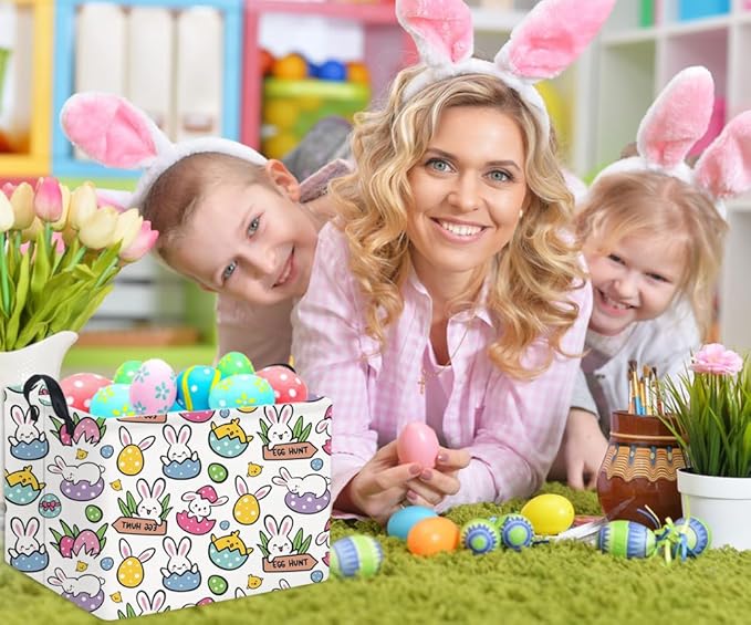 HIYAGON Rectangular Easter Gift Basket Kids Storage Organizer Bins Bedroom(Cartoon Easter Bunny)