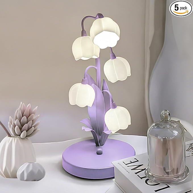 Flower Lamp for Home,Bedside Vintage Table Lamps,5 Lily of The Valley Reading Lights,3 Colors Modes Kawaii Bedside Lamp Decor,with G4 Bulb Nightstand Light for Living Room Office Bedroom (Purple)
