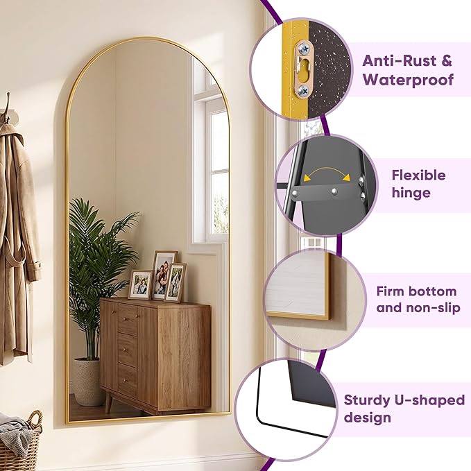 Full Length Mirror, 76"x44" Arched Floor Mirror Freestanding, Floor Standing Full Body Mirror with Stand for Bedroom, Hanging Mounted for Living Room Cloakroom, Gold