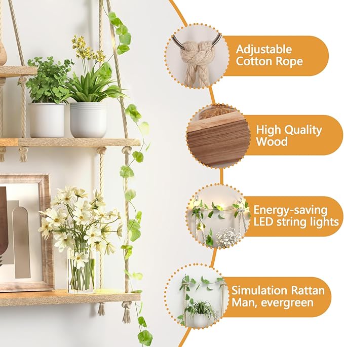 5 Tier Hanging Wall Shelves, Boho Rope Hanging Plant Stand with LED Vine Lights, Rustic Wood Floating Shelves Organizer for Bedroom Kitchen Living Room Wall Decor (Five-Tier Rope Rack)
