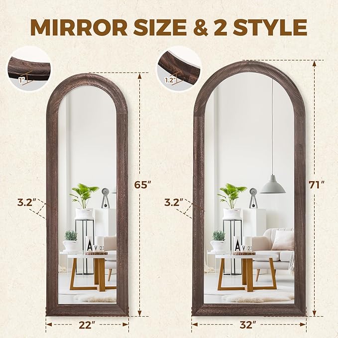 Solid Wood Full Length Mirror - 65"x22" Arched Floor Mirror, Free Standing & Wall Mounted - Elegant Design for Bedroom, Dressing Room, Hallway, Brown