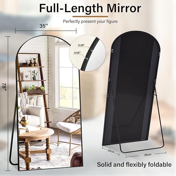 Arched Full Length Mirror 78"x35" - Floor Standing Body Mirror with Aluminum Frame,Leaning Hanging for Bedroom Cloakroom Living Room Gold