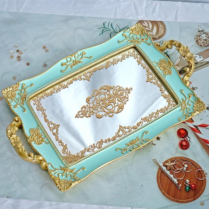 French Style Decorative Mirror Tray, Dresser Counter Coffee Table Jewelry Perfume Organizer for Makeup Jewelry (Green)