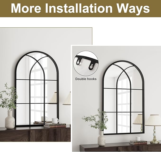 Rowjut Arched Wall Mirror 38" x 24" Window & Wall Decorative Mirrors, Iron Framed Window Pane Mirror, Arched Top Wall Mirror for Entryway Living Room, Bedroom, Fireplace (Black)