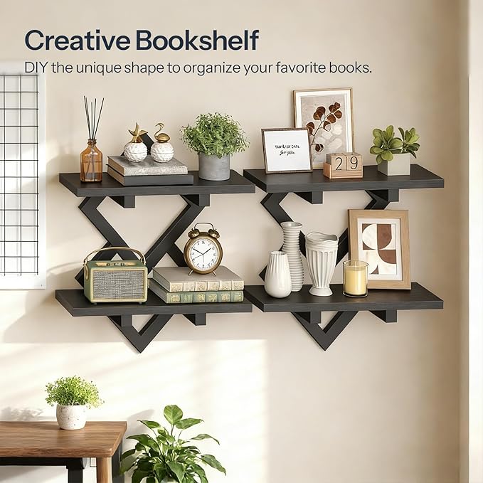 HOOBRO 15" Floating Shelves for Wall, Set of 2 Wall Shelf, 2-Tier Hanging Shelves, Wall Mounted Storage Shelf, Display Rack, for Living Room Bedroom Kitchen Bathroom, Black BB14BJP201