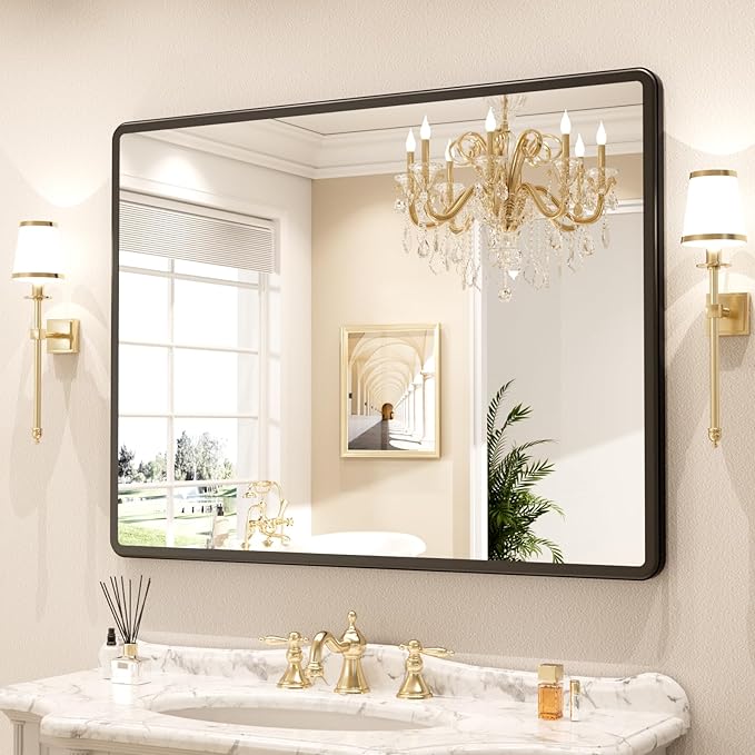 pertetey New Upgrade Bathroom Mirror, 40X30 Inch Black Metal Frame Wall Mounted Rounded Rectangle Bathroom Vanity Mirror with Tempered Glass for Washroom Bedroom Living Room