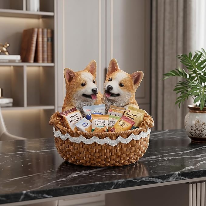Dog Resin Storage Basket, Desktop Organizer for Remote & Keys, Cute Home Decor Tray, Ideal present for Pet Lovers.(Dual Corgi)