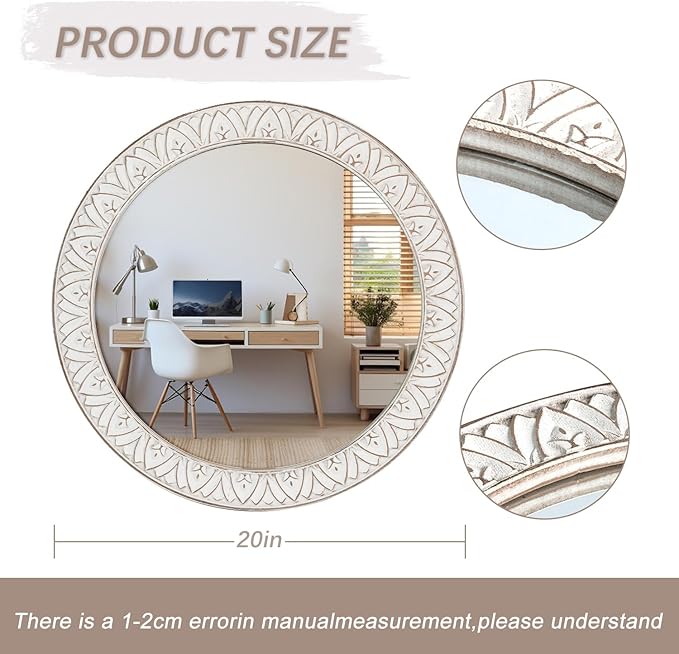 20" Rustic Distressed Wooden Round Mirror Wall Mounted for Bathroom Bedroom Living Room