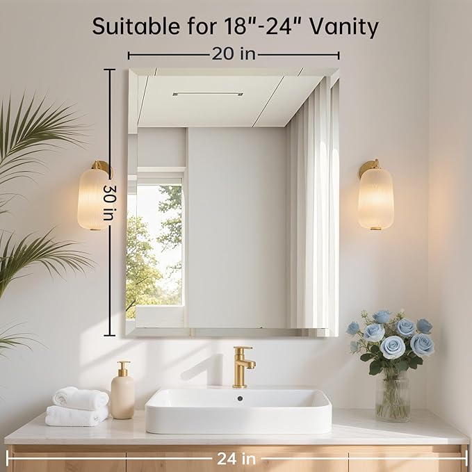 16x24 Inch Rectangle Frameless Mirror, Beveled Bathroom Mirror, Frameless Wall Mirror with 1" Beveled Edge for Bathroom Vanity, Entryway, Living Room