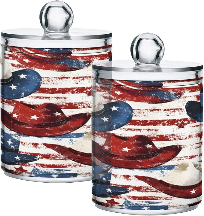 Nander 2Pack American Flag Style Cowboy Hat Qtip Holder Dispenser -Clear Plastic Apothecary Jars Set - Restroom Bathroom Makeup Organizers Containers for Cotton Swab, Ball, Pads, Floss