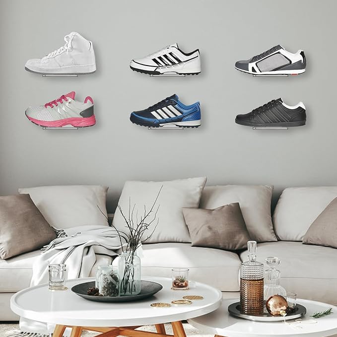 Youeon 8 Pack Floating Shoe Display Shelf, 8 x 3 Inch Acrylic Shoe Shelf for Wall, Floating Sneaker Shelves, Hanging Shoe Shelves for Bedroom, Gaming Room, Sneaker Collection, Easy to Install
