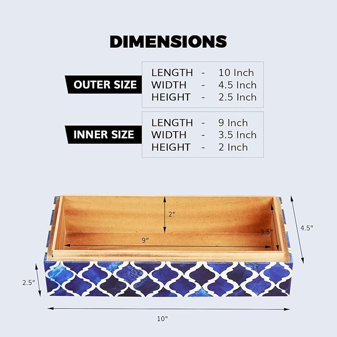 Handicrafts Home Decorative Storage Box with Lid, Moroccan Coffee Table Storage Box Organizer, Wooden Keepsake Jewelry Box, Decorative Desk Console Storage Box, Blue, 10 x 4.5 x 2.5