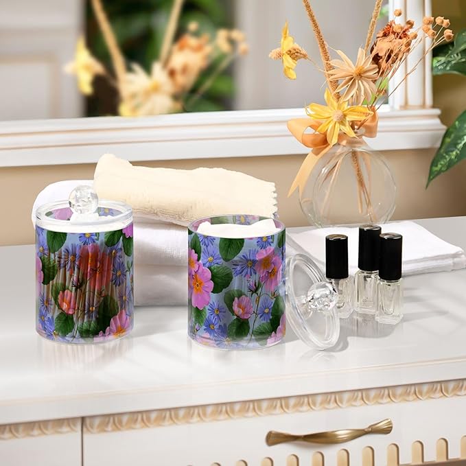 2 Pack Apothecary Jars Artistic Primrose Aster Pattern Bathroom Vanity Storage Organizer Set,Small Clear Plastic Storage Jars Bathroom Canister for Cotton Swabs, Rounds, Balls, Qtips,Makeup Spo