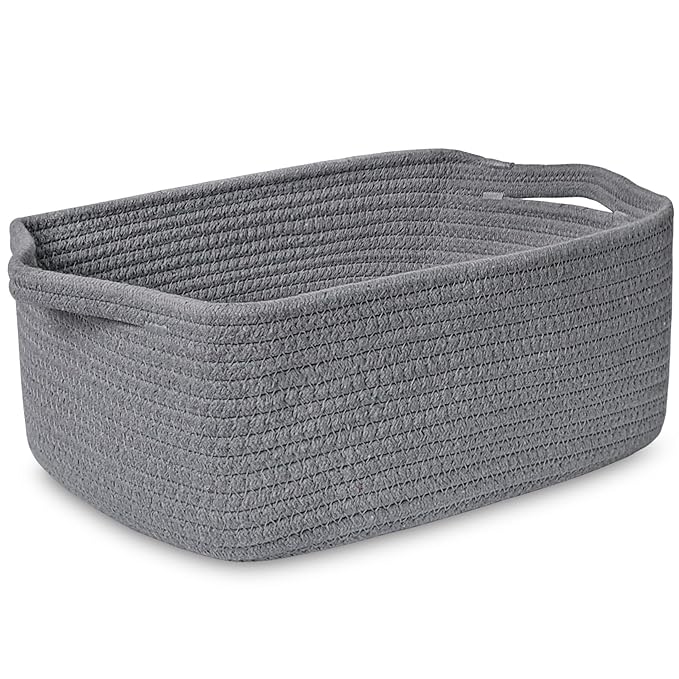 ABenkle Small Storage Basket with Handles, Cotton Rope Woven Dog Cat Toy Bin, Decorative Shelves Closet Organizing for Nursery Laundry Bedroom Bathroom, 14.2''x 11''x 5.1''