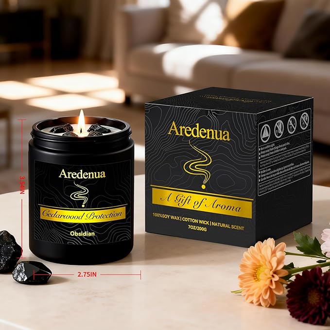 Scented Candle with Crystal for Emotional Protection and Grounding - Cedarwood Aromatherapy Candle with Obsidian Healing Crystals, Natural Soy Wax 7oz, Strength Gift for Women Men