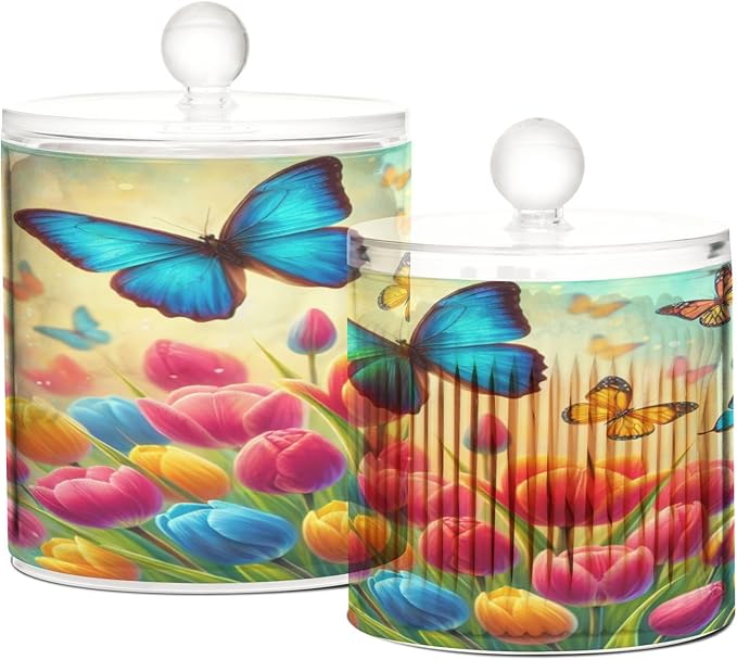 Flower Floral Butterfly Jars with Lids Bathroom Canisters Decorative Jars Laundry Container Cotton Swab Dispenser for Home Decor Makeup Storage Countertop Organizer