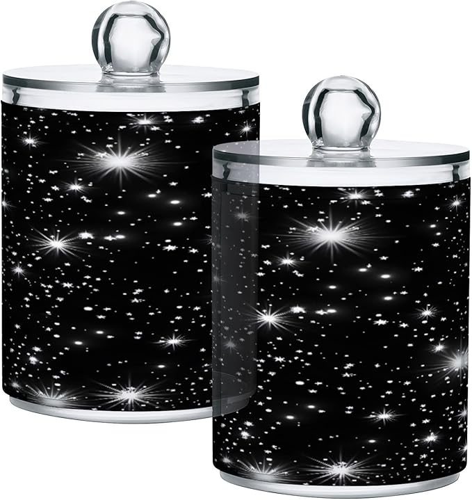 Nander 2Pack Spark Star Background Qtip Holder Dispenser -Clear Plastic Apothecary Jars Set - Restroom Bathroom Makeup Organizers Containers for Cotton Swab, Ball, Pads, Floss