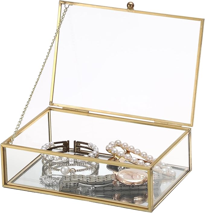 Glass Vatage Glass Box Gold Mirror Jewelry Box Lidded Keepsake Boxes Trinket Case for Ring Earring Storage Decorative Jewelry Organizer for Dresser Bathroom Office, 6.3x 4.3x 2 Inch