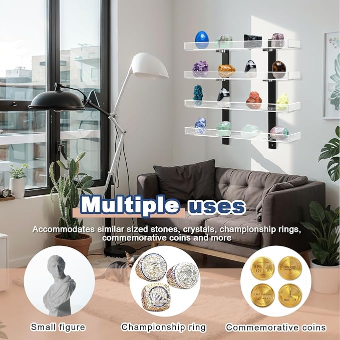 Novabright 4 Layer Rock Display Shelves Clear Acrylic Floating Shelves Wall Organizer for Stone Collection 11.8" Rock Display Stand for Stone Minerals Gemstones Crafts Figure Perfume for Living Room