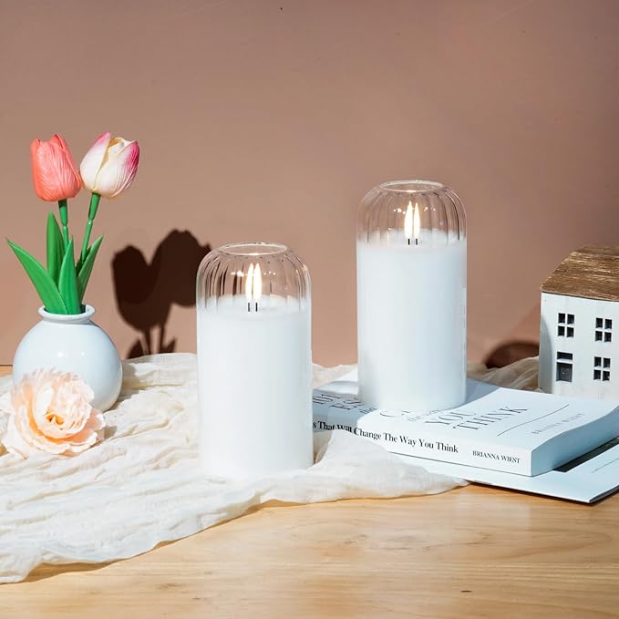 Homemory Glass Flameless Candles, Battery Operated Plliar Candles Realistic Flickering, LED Electric Light with Remote and Timer for Home, Christmas Decoration, White, Set of 2