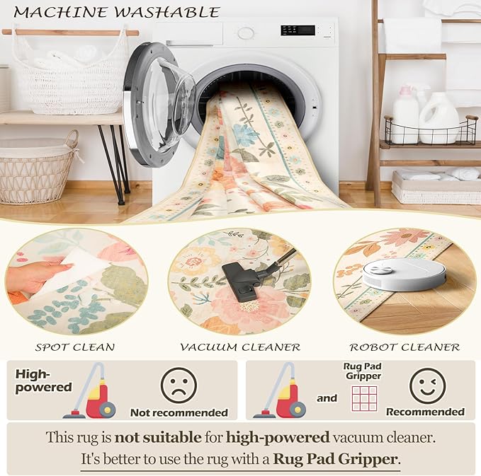 RELEANY Floral Nursery 5x7 Area Rugs Washable Print Boho Cute Carpet Non Slip Flower Low Pile for Living Room Kids Girls Playroom Bedroom Kitchen Office Farmhouse-Beige/White/Orange