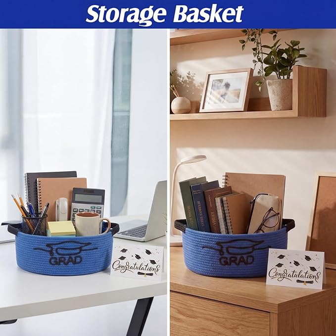 Colingmill 2026 Graduations & Nurses Week Gift Basket Empty to Fill, Woven Rope Basket 15" x 11" x 6" Decorative Storage Baskets with Gift Bag, Bow, Tissue Paper & Year Charm(Blue,Black,Graduation)