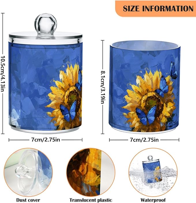 2 Pack Apothecary Jars Yellow Sunflower and Butterfly Bathroom Vanity Storage Organizer Set,Small Clear Plastic Storage Jars Bathroom Canister for Cotton Swabs, Rounds, Balls, Qtips,Makeup Spon