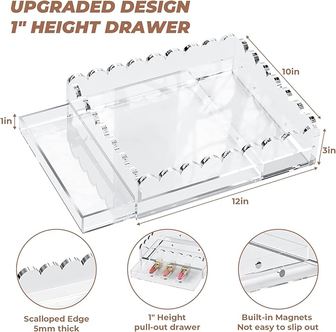 Scalloped Acrylic Tray for Makeup, 10" x 12" Organized Tray Insert Upgraded 1" Height Drawer, Large Rectangular Clear Acrylic Tray for Needlepoint Lipsticks Jewelry Customizable Photos Art Display
