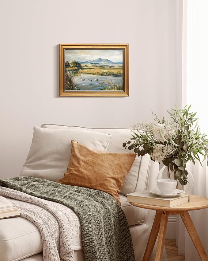 Bzstyleart Vintage Wall Art Decor for Living Room, Gold Framed Canvas Wall Art Home Decor Aesthetic, Ducks Pond Landscape Prints, Canvas Picture Print Artwork, 12 x 16 Inch