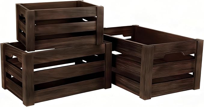 Wooden Crates for Storage and Display - Set of 3 Heavy Duty Nesting Wood Crates, Rustic Farmhouse Decorative Storage Boxes for Shelves, Pantry & Home Organization (L/M/S)