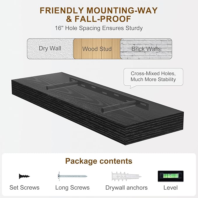 Fun Memories 72Inch Floating Shelves,Wall Mounted Rustic Wood Floating Shelf with Invisible Brackets for Storage & Decor,2 Pack Shelves for Bathroom,Bedroom and Kitchen,Black