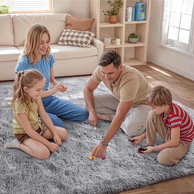 FinRèc 6x9 Feet Rugs for Living Room Bedroom, Soft Light Grey Fluffy Area Rug, Non-Slip Solid Shag Rug for Nursery Kids Room Dorm Room Home Decor, Indoor Floor Carpet