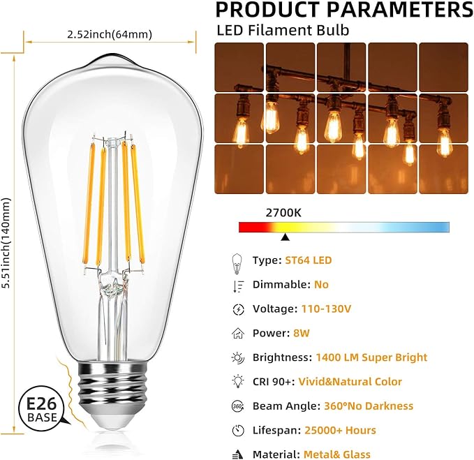 4-Pack Vintage 8W ST64 LED Edison Light Bulbs 100W Equivalent, 1400Lumens, 2700K Warm White, E26 Base LED Filament Bulbs, CRI 90+, Antique Glass Style Great for Home, Bedroom, Office, Non-Dimmable